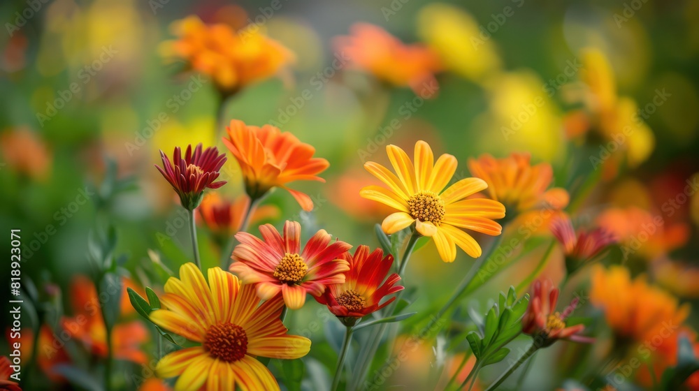 Close-up of radiant orange daisy-like flowers in bloom with a blurred background enhancing their beauty Close-up of radiant orange daisy-like flowers in bloom with a blurred background enhancing their beauty