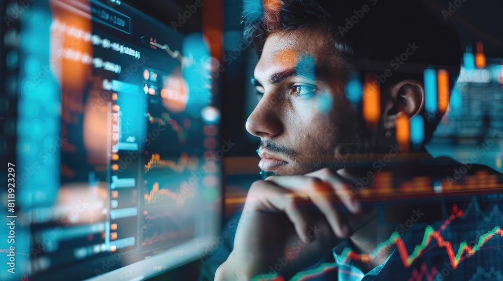 double exposure of an investor studying stock charts on a computer screen, with financial graphs overlaid on their focused face and office background.