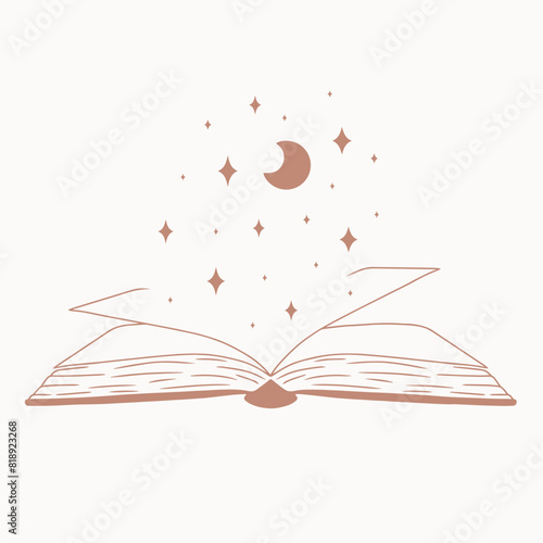 Line art book with stars and moon, magical boho vector art