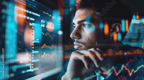 double exposure of an investor studying stock charts on a computer screen, with financial graphs overlaid on their focused face and office background. © buraratn