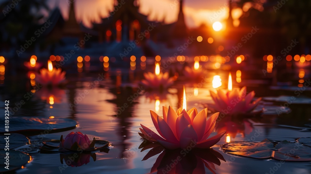 A serene temple scene with lotus flowers and candle lights, suitable for Visakha Bucha Day celebrations and promotions. A serene temple scene with lotus flowers and candle lights, suitable for Visakha Bucha Day celebrations and promotions.
