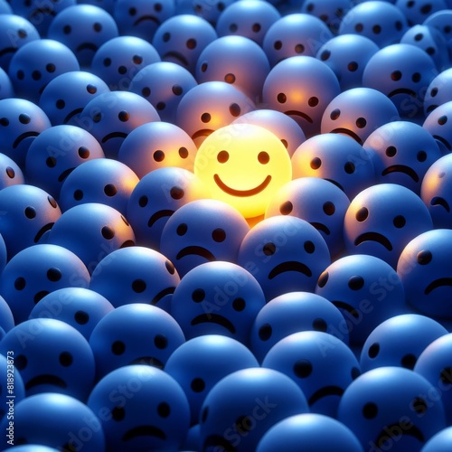 A singular smiling emoticon shines brightly among countless somber blue spheres  depicting optimism in adversity.. AI Generation