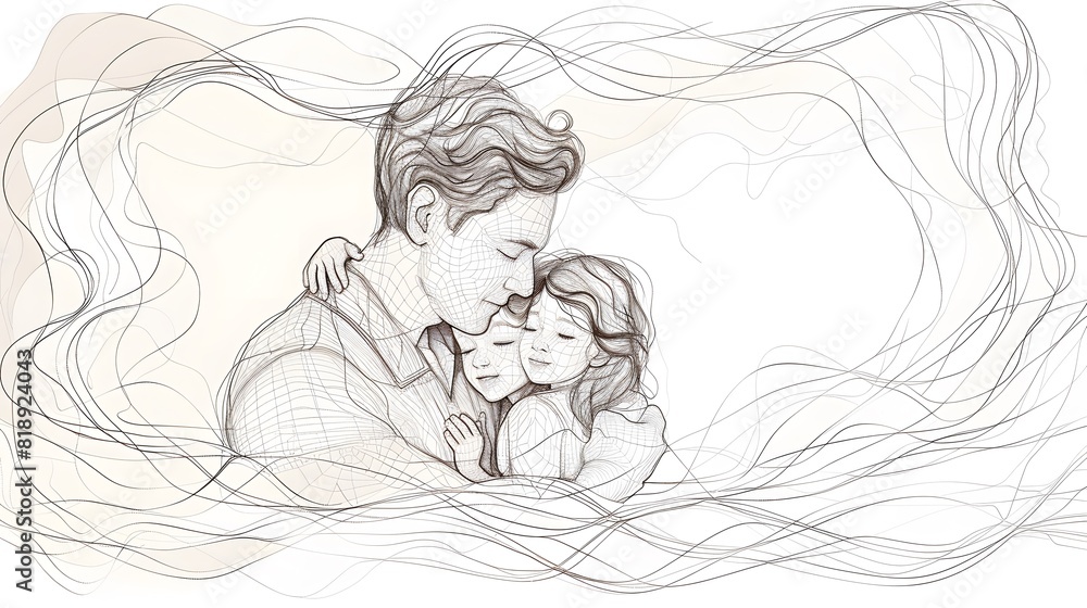Continuous line art of parents and children in a loving embrace. Continuous line art of parents and children in a loving embrace.