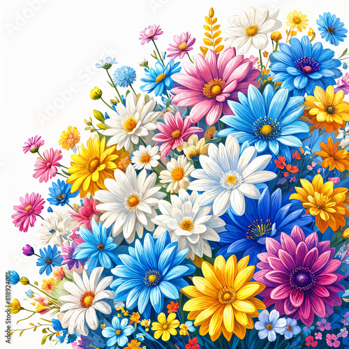 A vibrant and colorful illustration of various flowers, including daisies and chrysanthemums, all blooming together in a large bouquet. © Aleksei Solovev