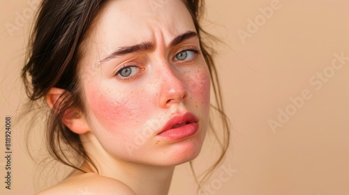 Portrait of a woman with flushed cheeks, looking thoughtful and slightly sad, set against a neutral background. Concept of emotion, contemplation, and natural beauty.
