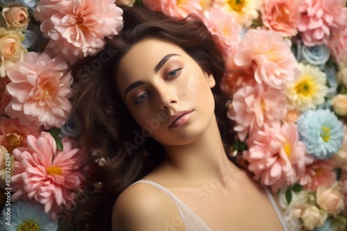 beautiful brunette woman in a bed of pastel flowers