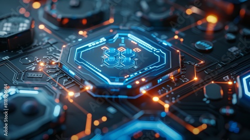 Close-up view of a futuristic circuit board with glowing components, representing advanced technology and electronics. Concept of technology, innovation, and electronics. 