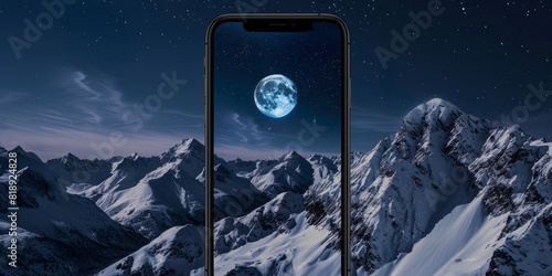 The moon can be seen behind the top of a snow-covered mountain through the mobile phone screen. Night sky with stars. photo