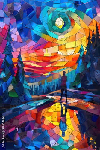 A person stands before a colorful mosaic mural that emits a kaleidoscope of colors  reflecting on the sleek surface below