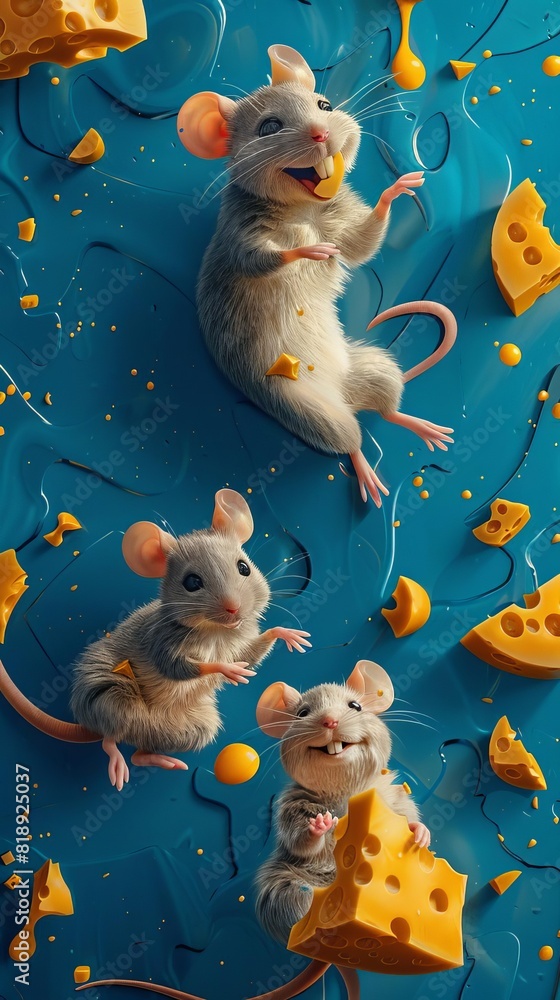 Naklejka premium A decorative banner featuring cartoon mice and cheese, set against a vibrant blue background