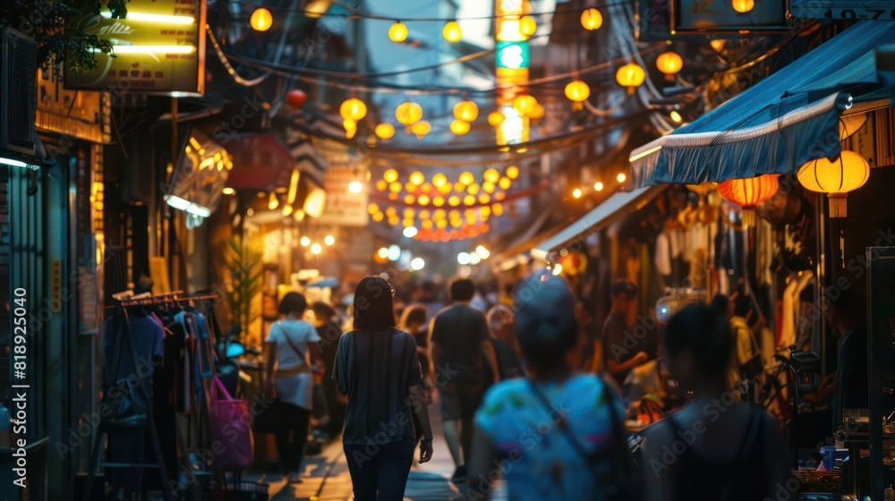 The image captures a vibrant Asian street scene at twilight with hanging lanterns and a crowd of people The image captures a vibrant Asian street scene at twilight with hanging lanterns and a crowd of people