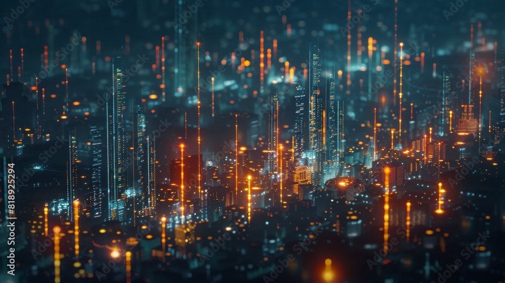 Aerial view of a cityscape illuminated with glowing lights, symbolizing urban technology and connectivity. Concept of urbanization, technology, and connectivity.
