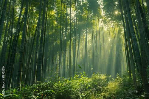 A dense bamboo forest with shafts of light illuminating the verdant green stalks