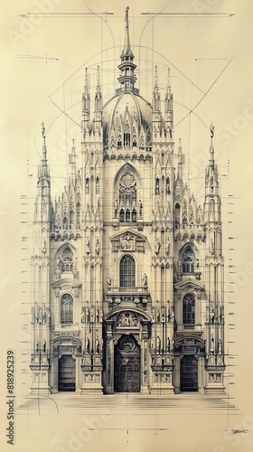 A detailed architectural drawing of a grand cathedral, showing the front facade and ornamental details