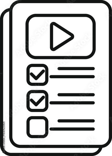 Black and white line art of a video player checklist icon for digital use