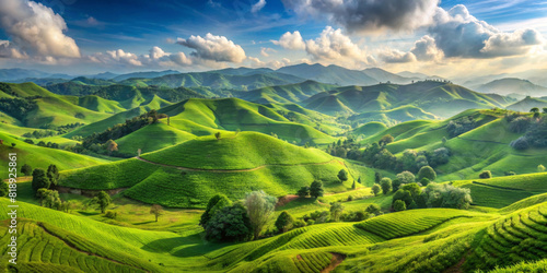 Lush green hills undulate under a dynamic sky, with patterns of cultivation adding texture to the landscape.Shadows and light dance across the terrain, emphasizing the rolling contours of the earth.AI photo
