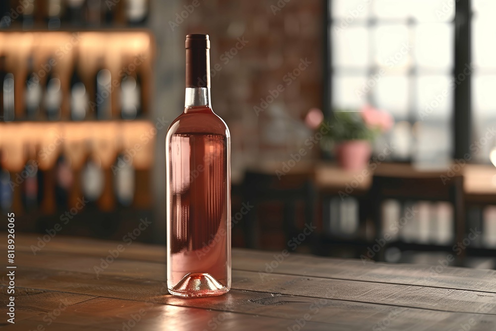 Wine bottle with rose wine on wooden table, mock up. Template for advertising, design, branding identity. empty space Wine bottle with rose wine on wooden table, mock up. Template for advertising, design, branding identity. empty space