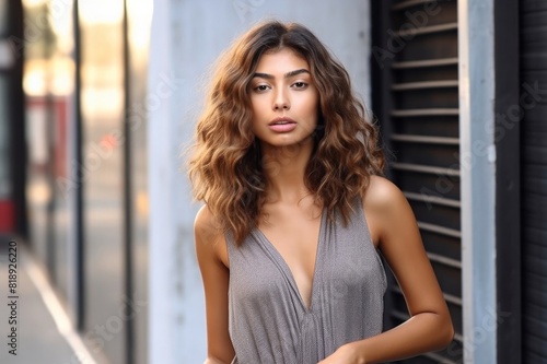 beautiful latin woman with curly hair, portrait set in the city