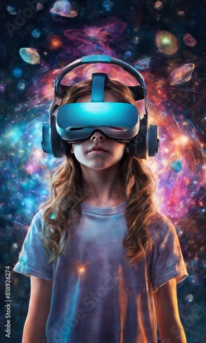 A child is immersed in a virtual cosmos, wearing a VR headset, encapsulated by vivid interstellar visuals, symbolizing the limitless potential of technology and imagination.. AI Generation