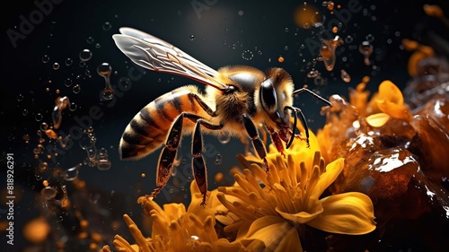 Honey bee sitting on hexagon patterned honeycomb. selective focus. Generative AI, © Milena