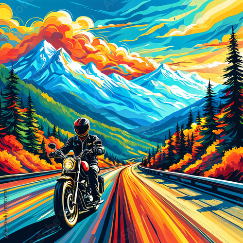 A vibrant and colorful illustration of a motorcyclist riding down a winding road through a mountainous landscape, with the rider wearing a helmet and the scene featuring autumnal colors.