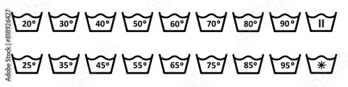 Set of washing instructions icons. Washing temperature in cold or hot water.  Warning information.  Hand wash or machine wash.  Linear sign. Vector illustration.