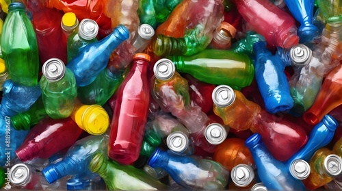 Empty colored carbonated drink bottles. Plastic waste. generative.ai photo