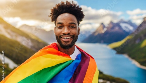 attractive man with lgbtq flag on his shoulders looking directly at the camera close up, pride month