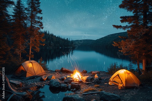 A peaceful lakeside campsite with tents set up beneath a canopy of stars, a campfire glowing warmly