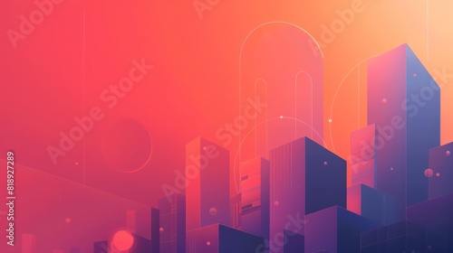 This image shows a stylized digital artwork of a futuristic city with skyscrapers in shades of pink and orange  with a soft glow