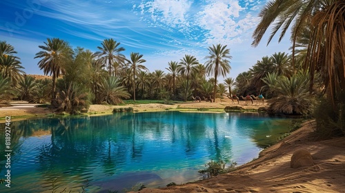 A desert oasis with a clear blue pool of water  surrounded by palm trees  and a caravan of camels resting nearby