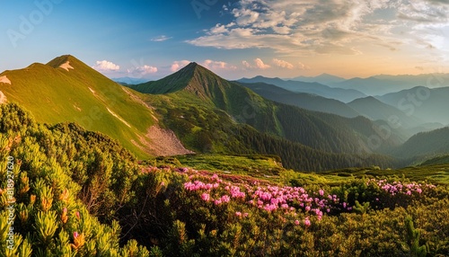 panoramic scene blooming pink rhododendrons flowers amazing panoramic nature scenery photo