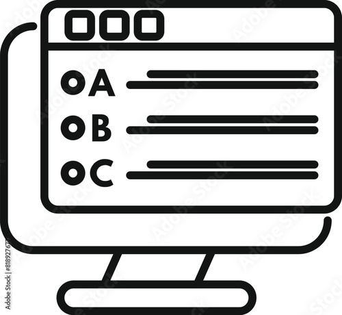 Black and white icon of a computer monitor displaying an online test with multiplechoice options