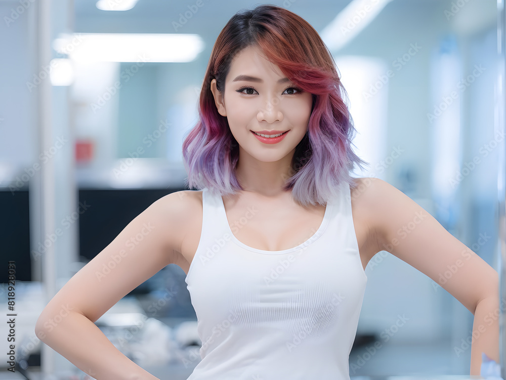 asian woman with a purple hair standing in a room