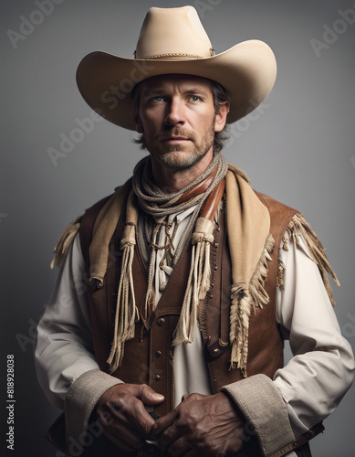 portrait of an American cowboy in traditional clothes, isolated white background 