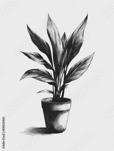 An artistic rendering of a houseplant with large leaves in a pot, presented in a monochrome black and white style