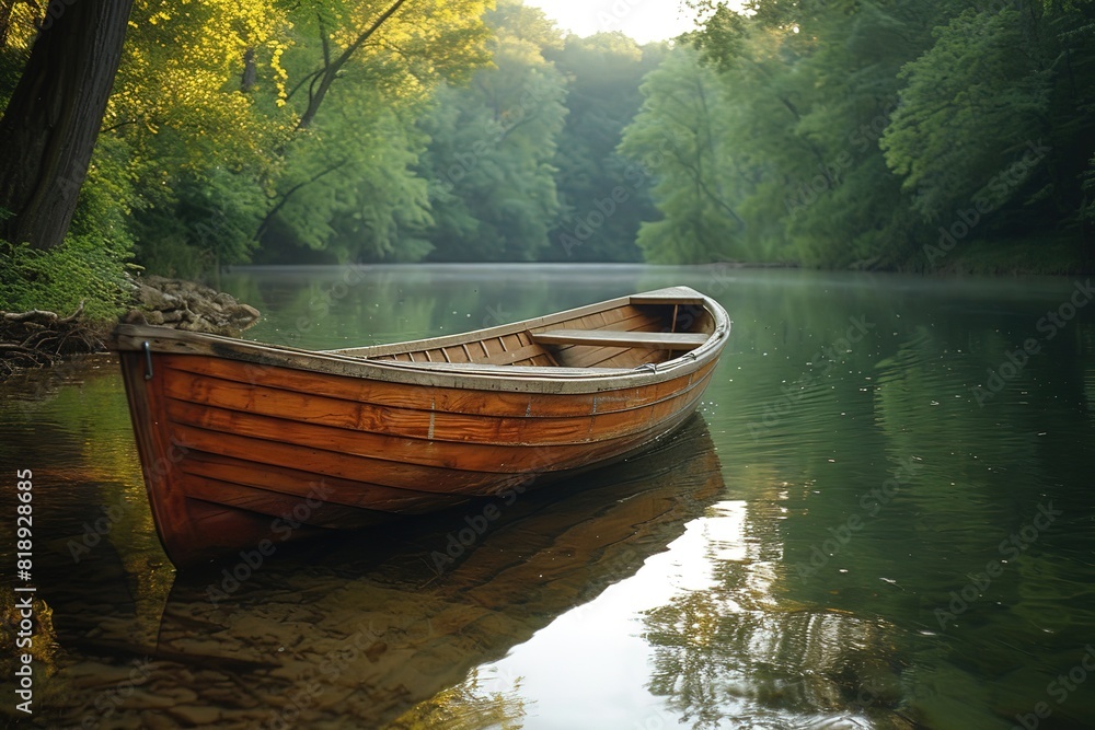 A serene rowboat excursion on a tranquil pond, with the reflection of the surrounding trees creating a mirror-like surface