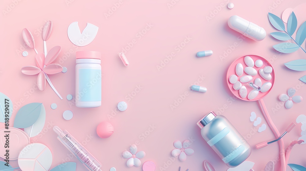 Pastel colored medical supplies and pills on a soft pink background Pastel colored medical supplies and pills on a soft pink background