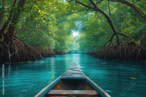 A serene rowboat journey through a dense mangrove forest, the intricate roots forming an enchanting natural tunnel