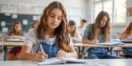 teen girl writing exam in the classroom. ai generated