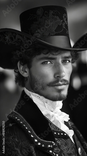 A man in a black and white photo with a hat.