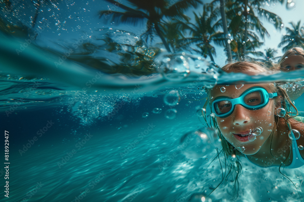 Fototapeta premium A close-up of a child wearing swimming goggles in the ocean with a tropical landscape in the background ,the excitement of underwater exploration and the beauty of the natural surroundings
