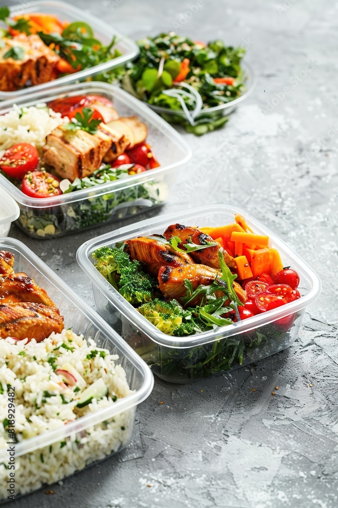 Healthy meal prep containers with chicken, rice, and vegetables Healthy meal prep containers with chicken, rice, and vegetables