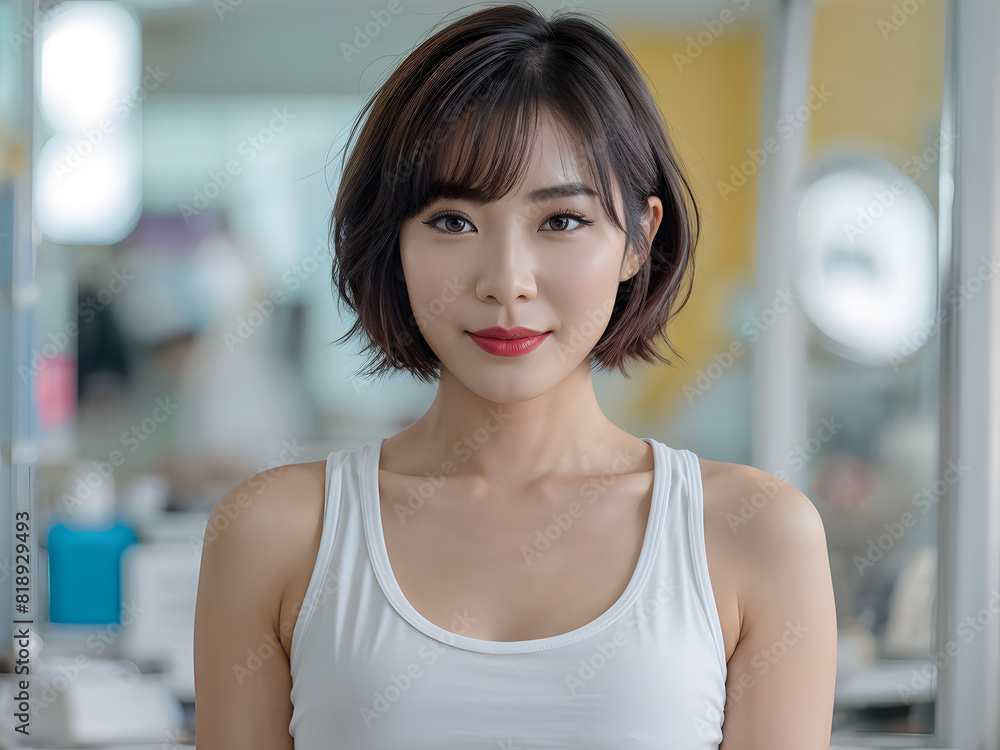 asian woman in a white tank top standing in a gym