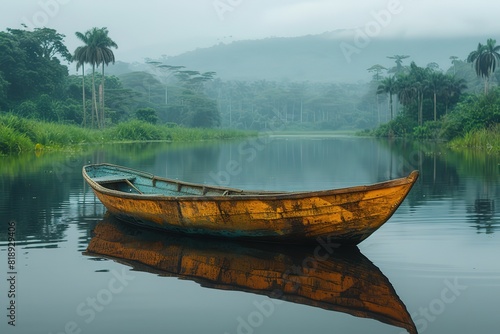 A traditional African fishing boat gliding silently across the still waters of a reflective lake