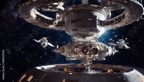 Fototapeta Naklejka Na Ścianę i Meble -  A high-tech orbital space station with multiple docking shuttles in space, symbolizing human progress in space infrastructure.. AI Generation