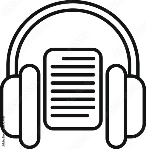 Linear audiobook concept line icon with headphones, minimalistic black and white illustration for digital media, online learning, and modern library technology