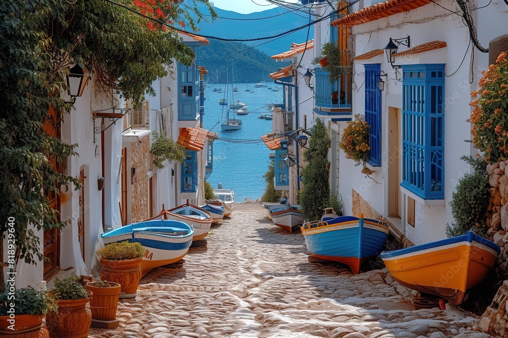 A traditional Mediterranean fishing village, with narrow cobblestone streets leading to a bustling harbor filled with colorful boats