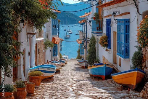 A traditional Mediterranean fishing village, with narrow cobblestone streets leading to a bustling harbor filled with colorful boats © create