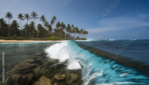 wave crashing on reef with palm trees in the background mentawai islands indonesia photo